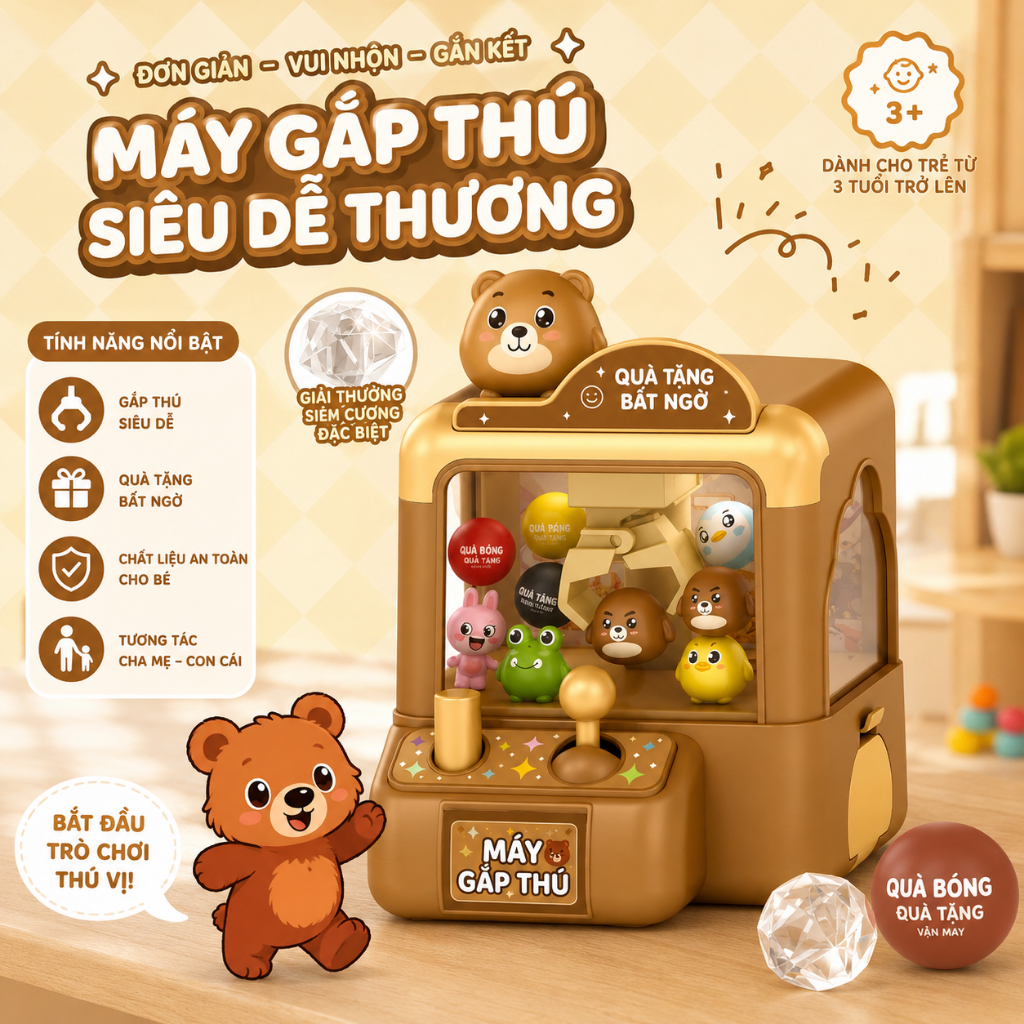 Máy Gắp Thú Mini Cho Bé Kèm Thú Ngộ Nghĩnh, Đồ Chơi Tương Tác Gia Đình, Quà Tặng Cho Trẻ Em