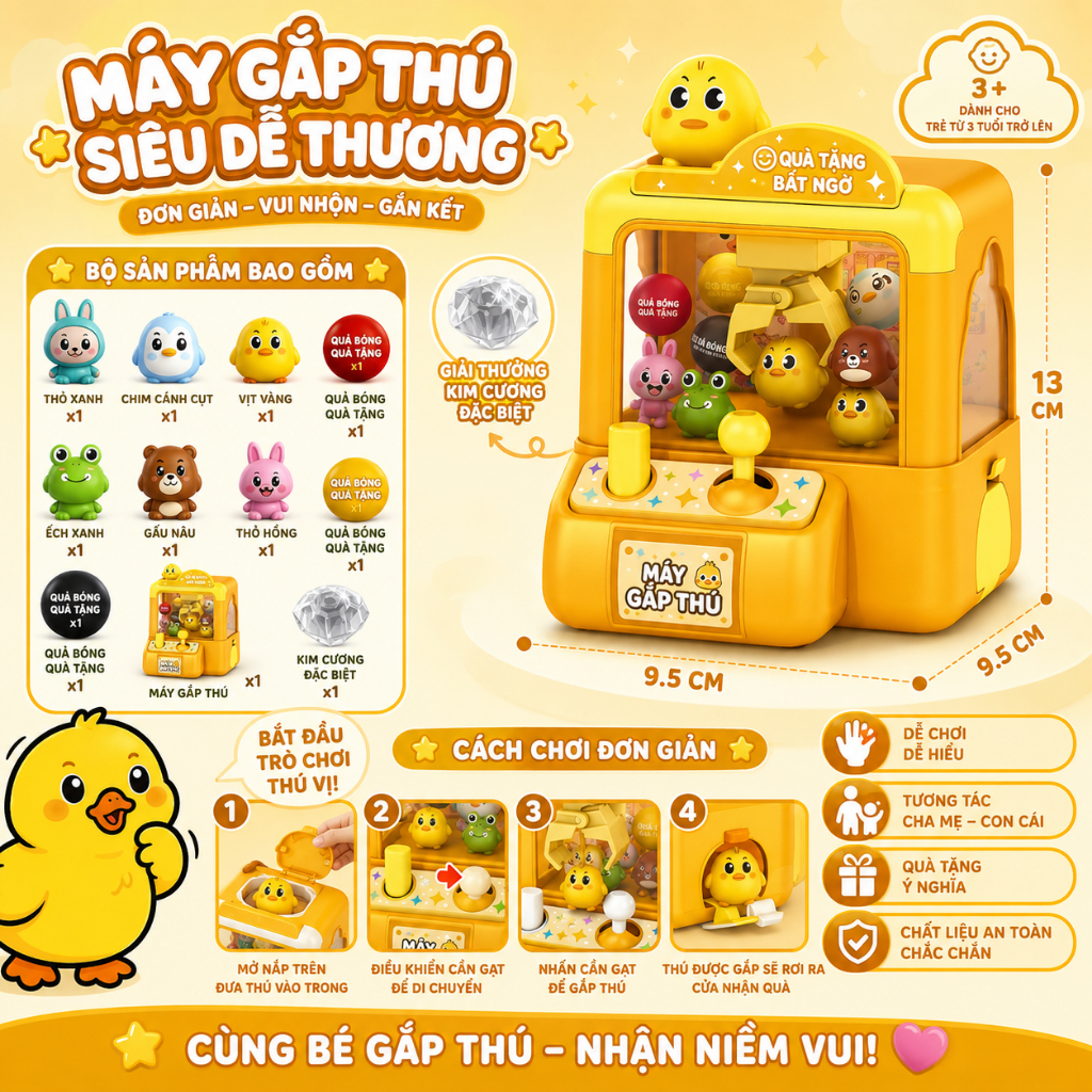 Máy Gắp Thú Mini Cho Bé Kèm Thú Ngộ Nghĩnh, Đồ Chơi Tương Tác Gia Đình, Quà Tặng Cho Trẻ Em