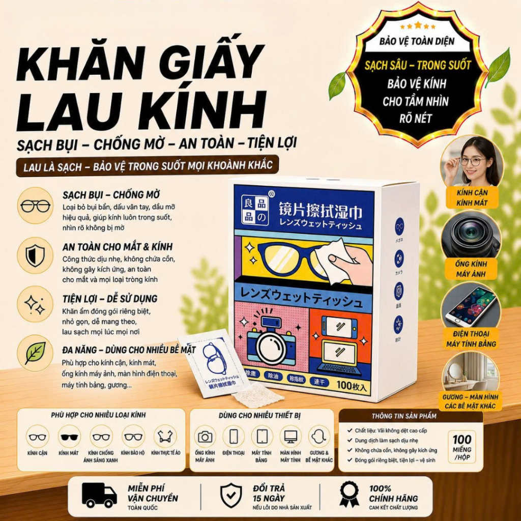 [Đơn 85k Nhận Quà] Hộp 100 Khăn lau kính nano chống bám hơi nước, Giấy lau kính mắt chống sương mù mồ hôi