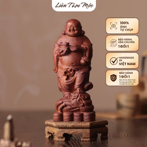 Tượng Phật Di Lặc Ôm Thỏi Vàng, Đứng Trên Tiền, Gỗ Hương Cao 20cm Cao Cấp, Đục Thủ Công Chiêu Tài Lộc Để Bàn Làm Việc