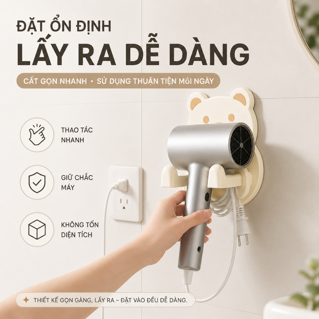Giá Treo Máy Sấy Tóc Dán Tường Nhà Tắm, Kệ Đỡ Máy Sấy Tóc Có Ngăn Để Đồ Tiện Lợi