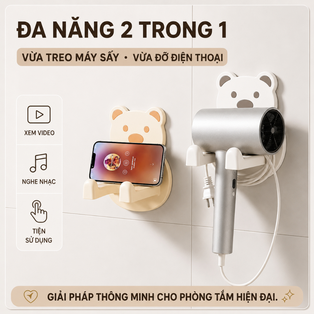 Giá Treo Máy Sấy Tóc Dán Tường Nhà Tắm, Kệ Đỡ Máy Sấy Tóc Có Ngăn Để Đồ Tiện Lợi