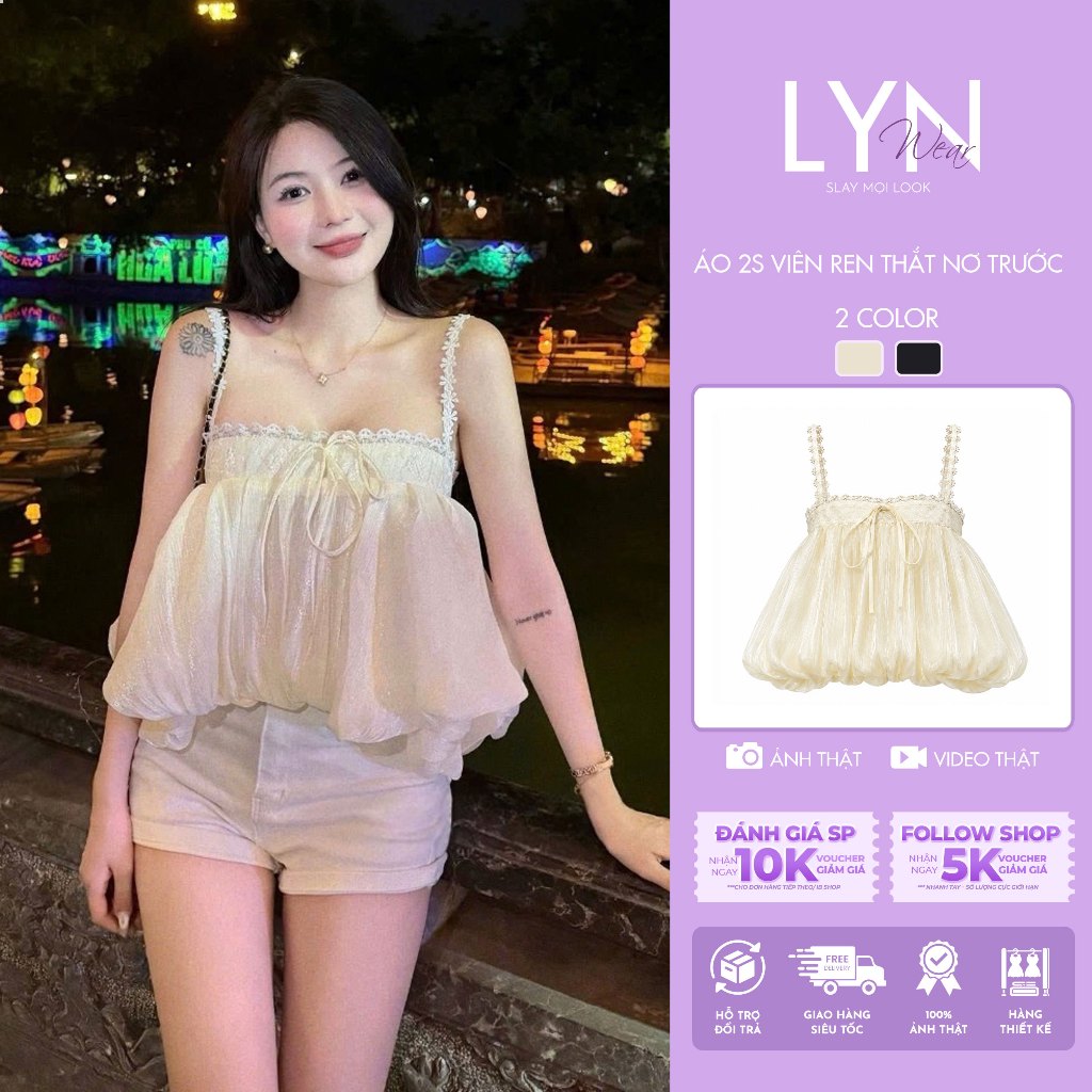 | LYN WEAR | (DEAL MỞ BÁN) Áo 2 dây bí phồng xoè phối ren ngực, thắt nơ, đi biển du lịch mùa hè