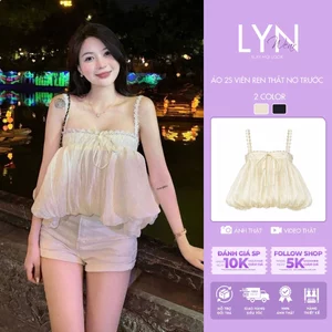 | LYN WEAR | (DEAL MỞ BÁN) Áo 2 dây bí phồng xoè phối ren ngực, thắt nơ, đi biển du lịch mùa hè