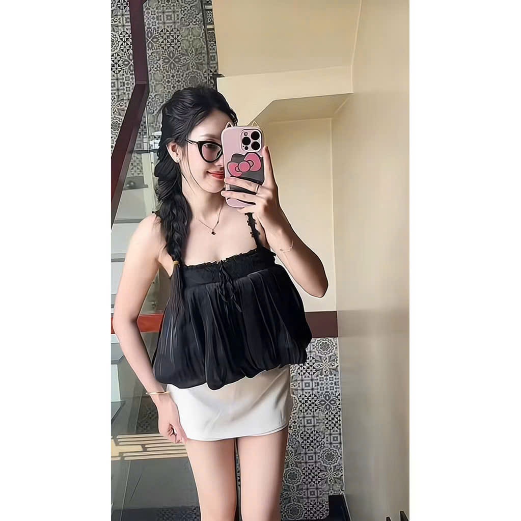 | LYN WEAR | (DEAL MỞ BÁN) Áo 2 dây bí phồng xoè phối ren ngực, thắt nơ, đi biển du lịch mùa hè