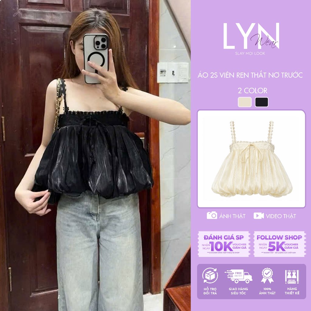 | LYN WEAR | Áo 2 dây babydoll phối ren thắt nơ dáng xoè đi biển du lịch mùa hè