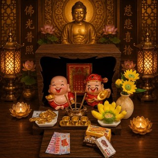 Bàn Thờ Thần Tài Thổ Địa Mini  May Mắn Tài Lộc Trang trí Bàn Làm Việc Mô Hình