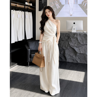 Set áo lệch vai phối quần ống rộng thanh lịch sang trọng phong cách tiểu thư cao cấp MIA S203