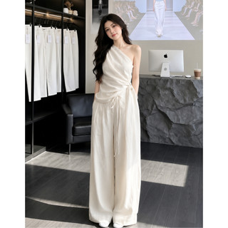 Set áo lệch vai phối quần ống rộng thanh lịch sang trọng phong cách tiểu thư cao cấp MIA S203
