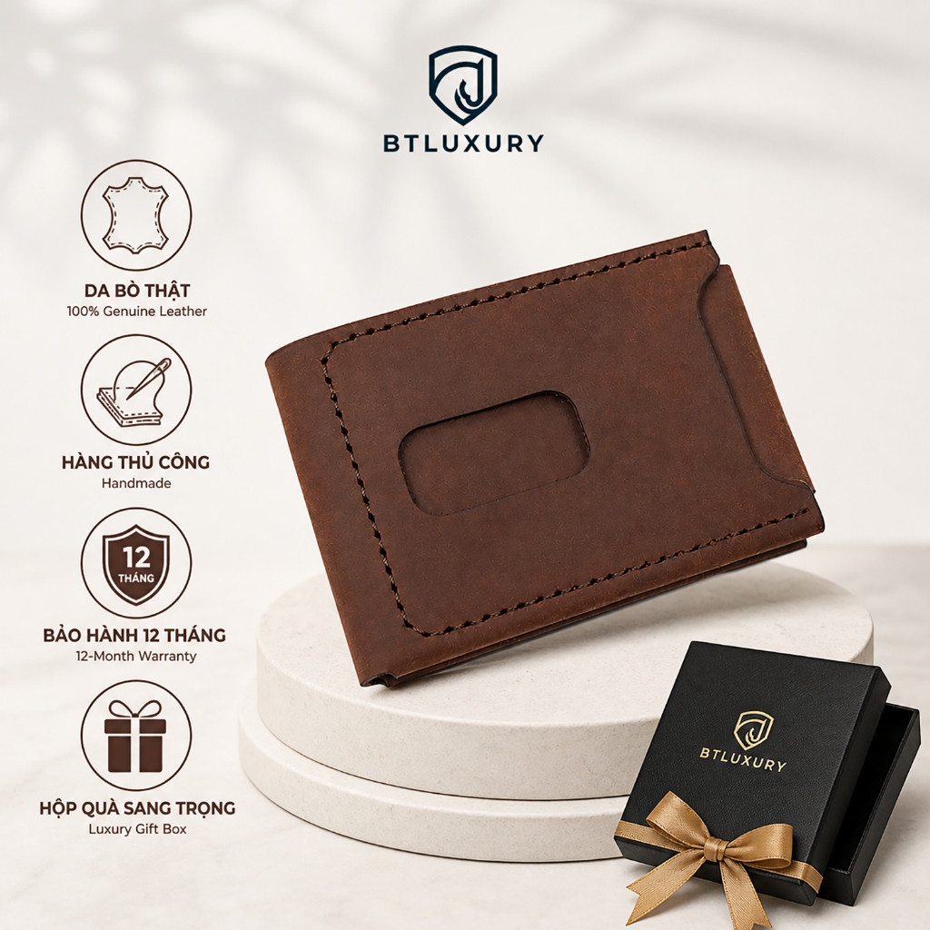 Ví Nam Mini ORIN SLIM, Nhỏ Gọn, Da Bò Sáp, Hàng May Thủ Công, Ví Da Nam Thương Hiệu BTLUXURY