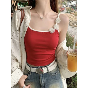 Áo Hai Dây Thun Gân Phối Viền Đính Hoa Voan Nổi Điệu Đà Cá Tính Dáng Ôm Thời Trang Mùa Hè Cho Nữ