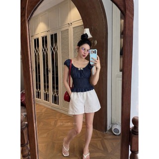 •𝙆𝙞𝙣𝙜𝙨𝙝𝙤𝙥𝙗𝙚𝙖𝙪𝙩𝙮•Áo Chấm Bi Xanh Than Chun Eo WG