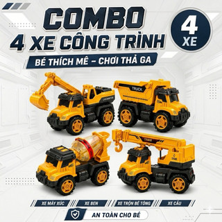 Bộ 4 xe công trình màu vàng an toàn cho bé, mô phỏng xe xây dựng giúp phát triển trí tuệ