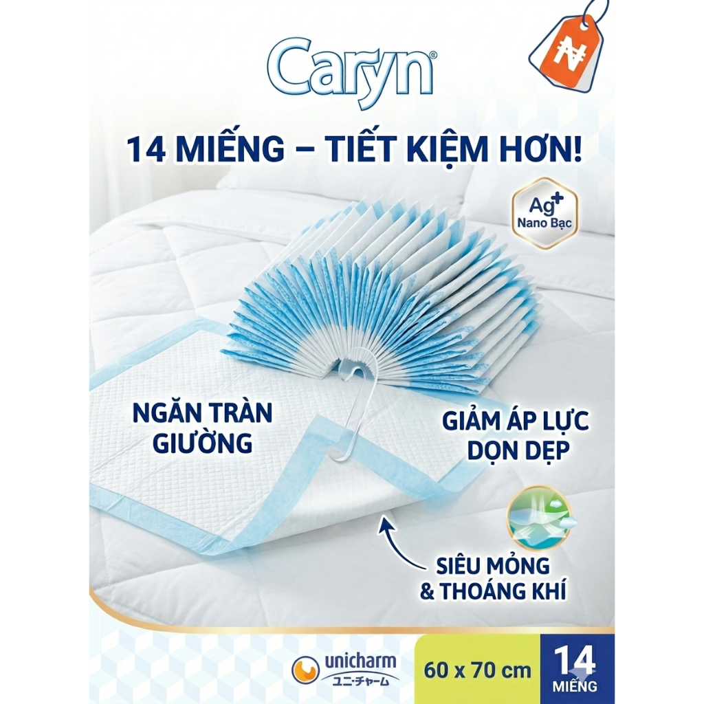 TẤM ĐỆM LÓT CARYN LOẠI MỎNG NHẸ XL14 (14 MIẾNG) - KÍCH THƯỚC LỚN 60X70CM, KHÁNG KHUẨN AG+