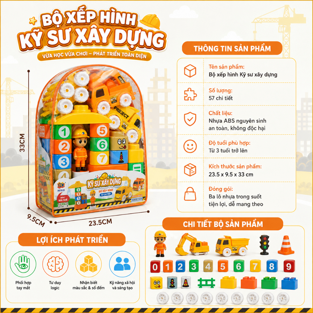 Bộ đồ chơi lắp ráp Thành phố an toàn và Kỹ sư xây dựng cho bé- Xếp hình sáng tạo và tư duy cho bé