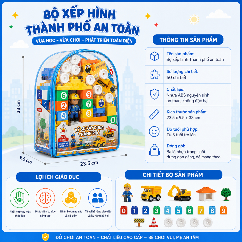 Bộ đồ chơi lắp ráp Thành phố an toàn và Kỹ sư xây dựng cho bé- Xếp hình sáng tạo và tư duy cho bé