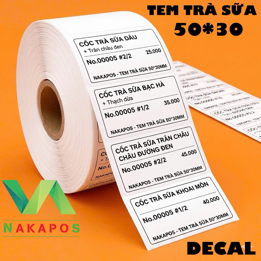 TEM DÁN DECAL DÁN TEM TRÀ SỮA IN MÓN TÊN SẢN PHẨM TOPING TEM MÃ VẠCH GIÂY NHIỆT 50x30x25M