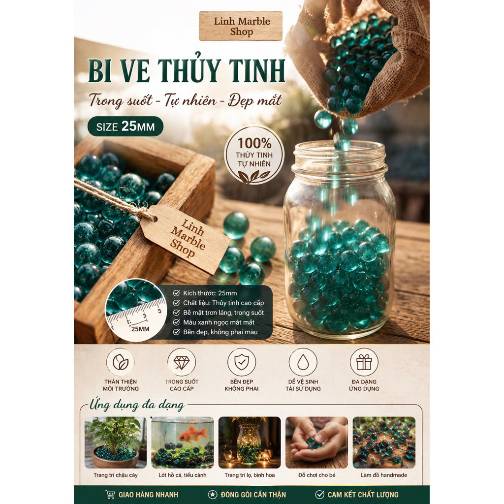 Bi thủy tinh, bi ve 25mm - Màu xanh ngọc | GIÁ RẺ | Từ 2000đ | Combo 20 - 30 viên