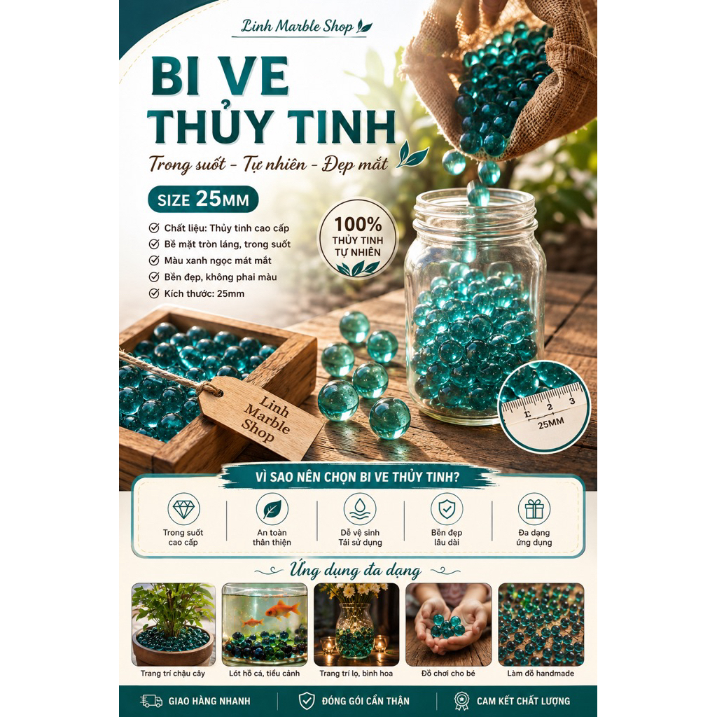 Bi thủy tinh, bi ve 25mm - Màu xanh ngọc | GIÁ RẺ | Từ 2000đ | Combo 10 - 50 viên