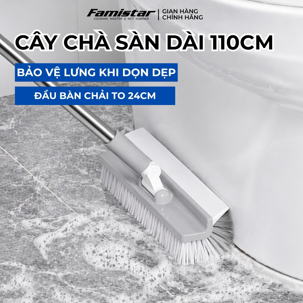 Cây chà sàn nhà tắm đầu chử A xoay 180 độ FAMISTAR, chổi cọ nhà vệ sinh toilet CS-DBS24