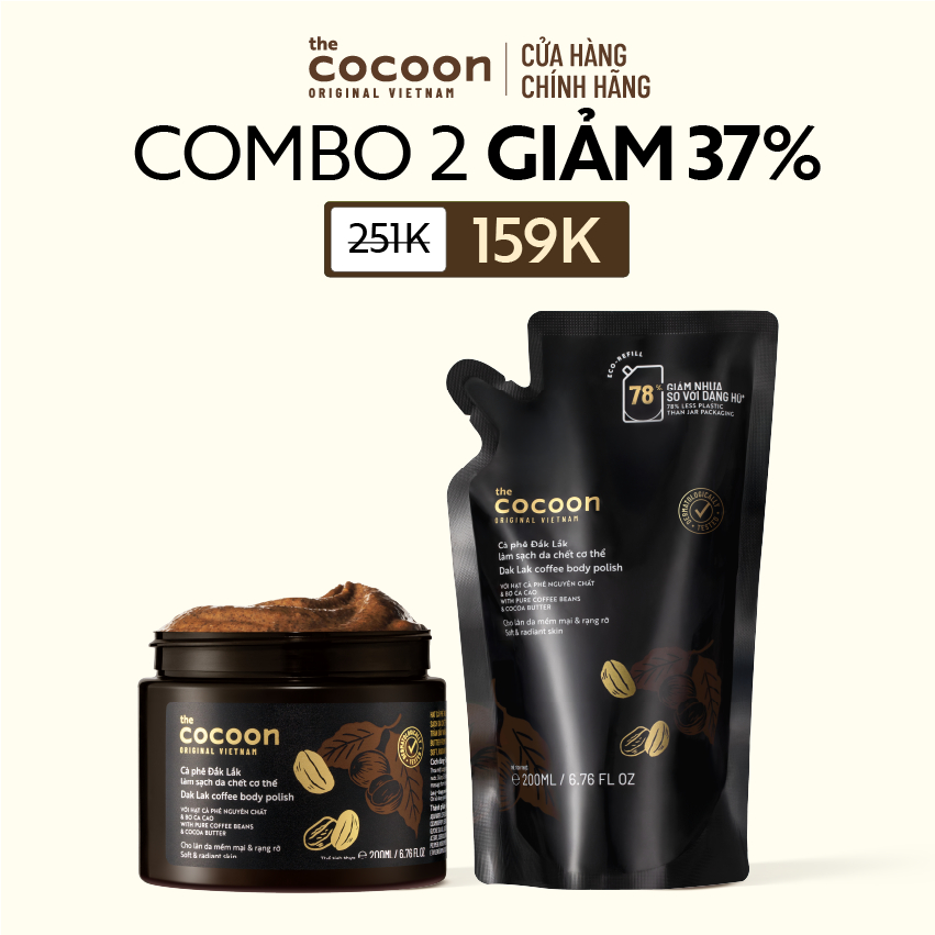 [MUA 2 GIẢM 37%] Combo 1 Hũ Tẩy Da Chết Cơ Thể Cà Phê Đắk Lắk Cocoon 200ml + Túi Refill Tẩy Da Chết Cà Phê 200ml