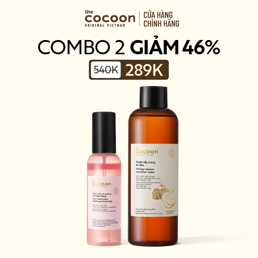 [MUA 2 GIẢM 46%] Combo Nước tẩy trang bí đao 500ml & Tinh chất xịt dưỡng sen Hậu Giang Cocoon 100ml