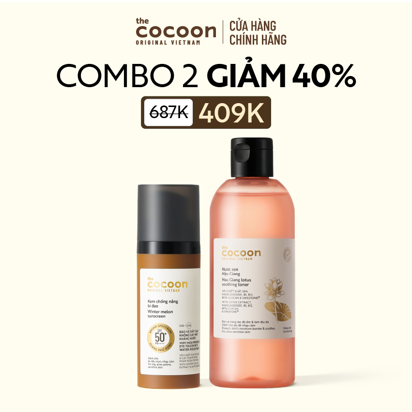 [MUA 2 GIẢM 41%] Combo 1 Kem chống nắng bí đao Cocoon 50ml + nước sen Hậu Giang 310ml