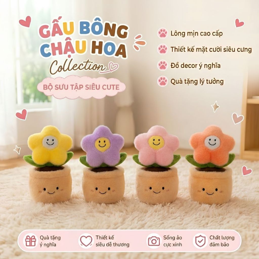 Gấu Bông Chậu Hoa Mặt Smile Vui Vẻ, Thú Bông Chậu Hoa Decor Bàn Học,Làm Việc Quà Tặng Ý Nghĩa Cho Bạn Gái,Bé