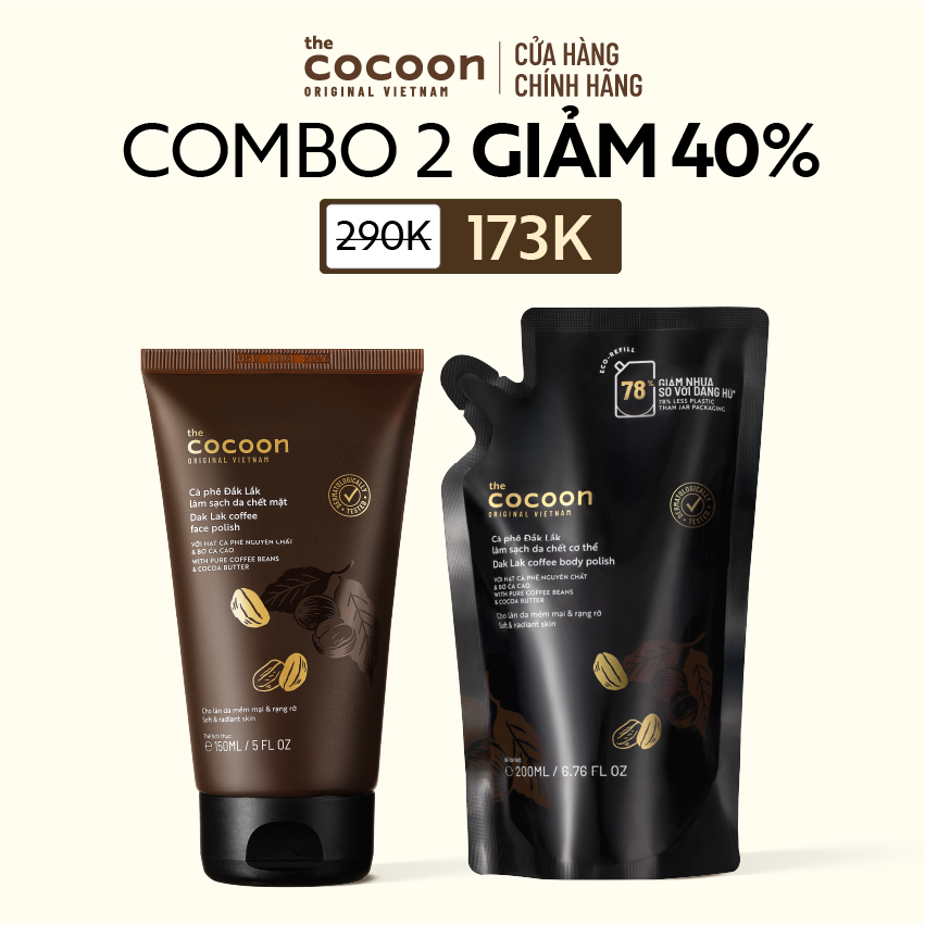 [MUA 2 GIẢM 43%] Combo Tẩy da chết mặt cà phê 150ml & Túi Refill Tẩy da chết cơ thể cà phê Đắk Lắk Cocoon 200ml