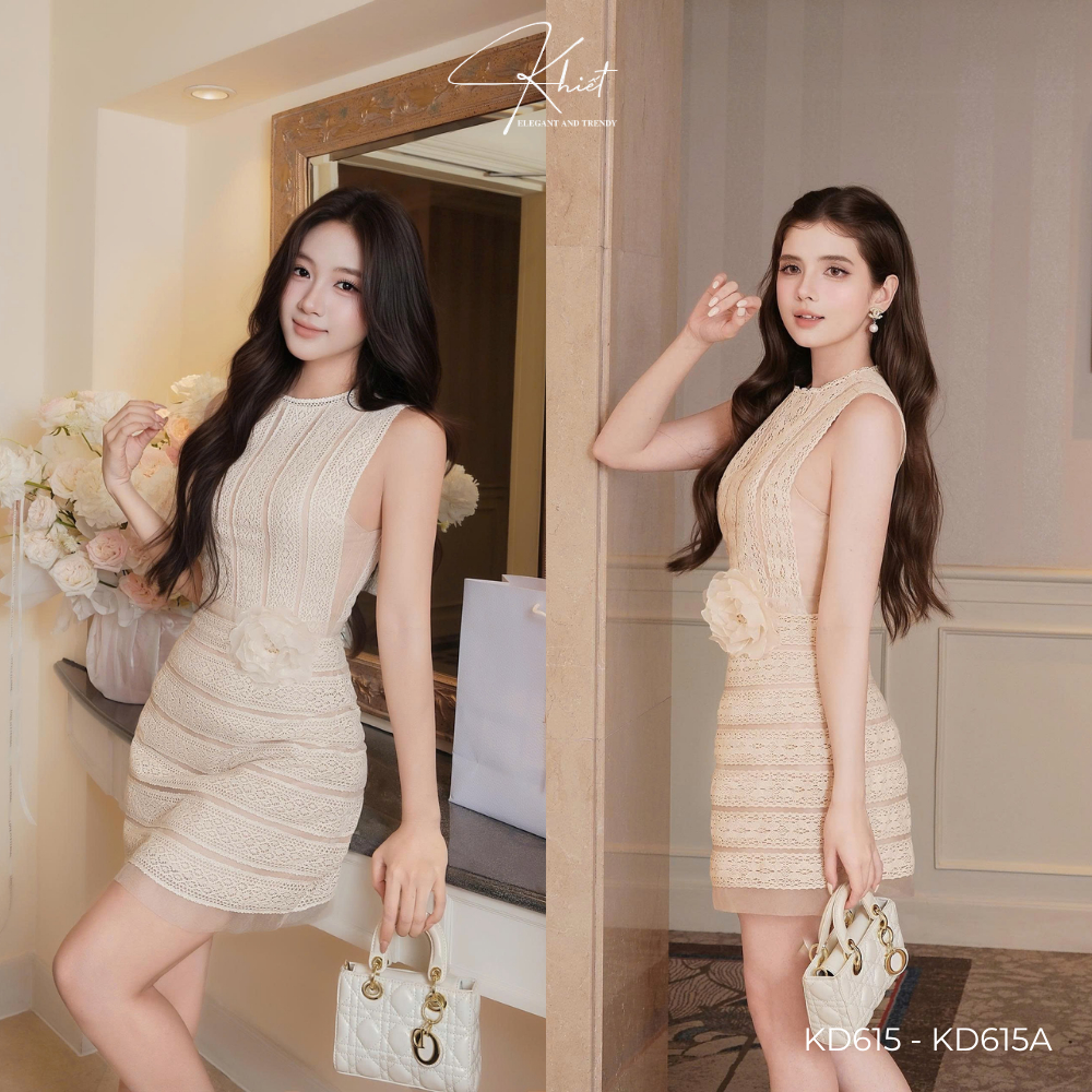 Đầm ôm chất đăng ren màu kem eo phối hoa eo thanh lịch tiểu thư sang trọng KD615 KD615A