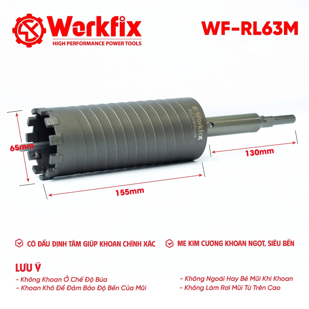 Mũi khoan rút lõi WORKFIX WF-RL63M, Có đầu định tâm, Kích thước o63x155mm