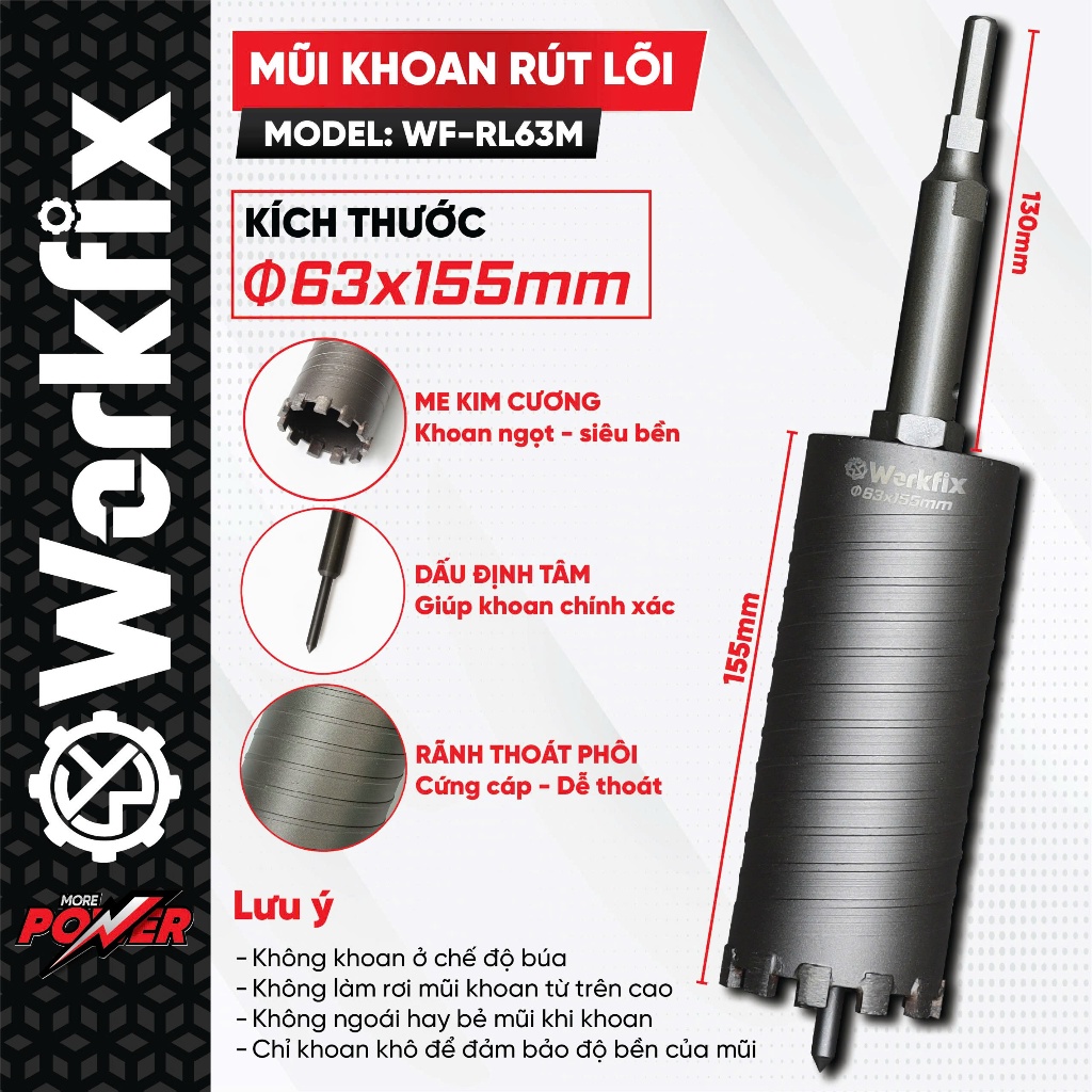Mũi khoan rút lõi WORKFIX WF-RL63M, Có đầu định tâm, Kích thước o63x155mm