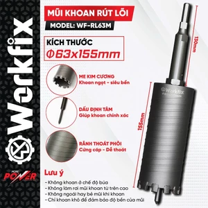 Mũi khoan rút lõi WORKFIX WF-RL63M, Có đầu định tâm, Kích thước o63x155mm