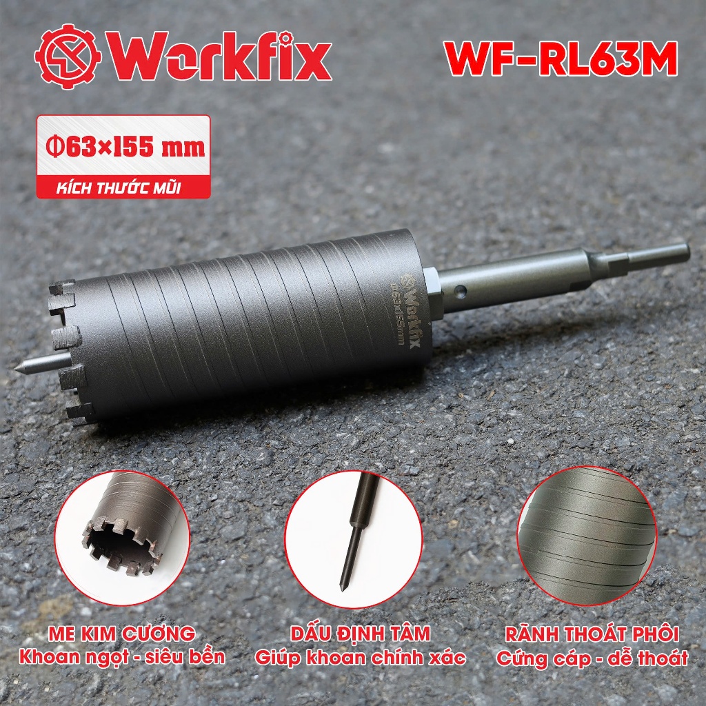 Mũi khoan rút lõi WORKFIX WF-RL63M, Có đầu định tâm, Kích thước o63x155mm