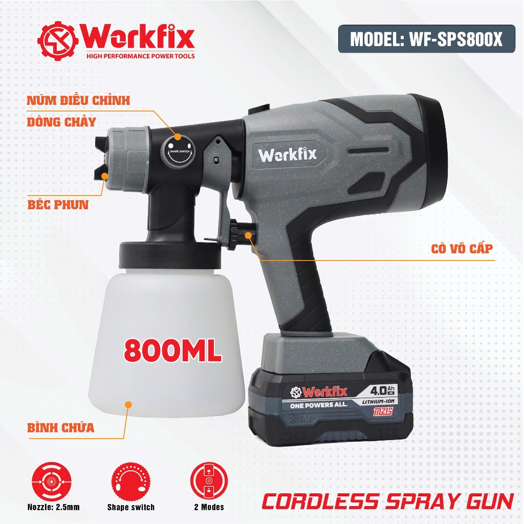 Máy phun sơn pin WORKFIX WF-SPS800X, 2 Kiểu phun, Bình 800ml - 650ml/phút