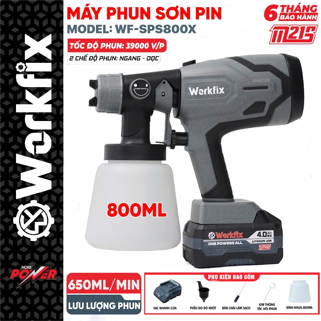 Máy phun sơn pin WORKFIX WF-SPS800X, 2 Kiểu phun, Bình 800ml - 650ml/phút