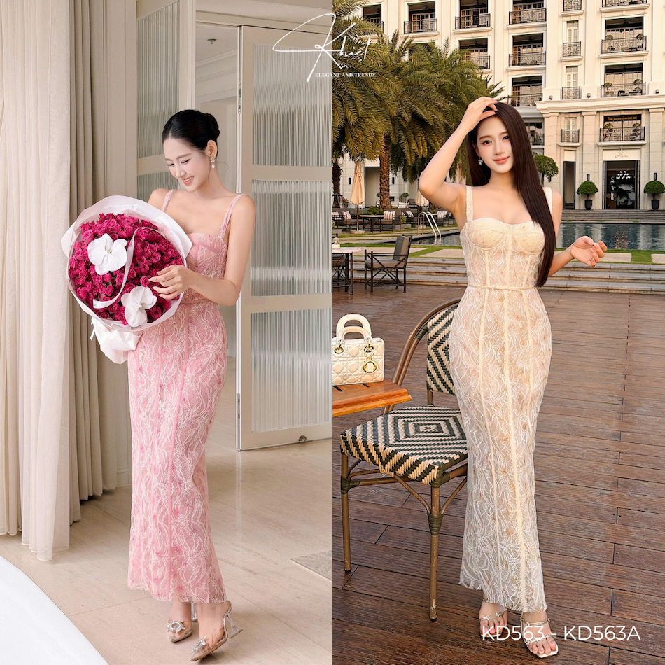 Đầm Khiết dáng dài ôm corset chất ren hồng pastel ngọt ngào có đệm mút phong cách quyến rũ KD563 KD563A