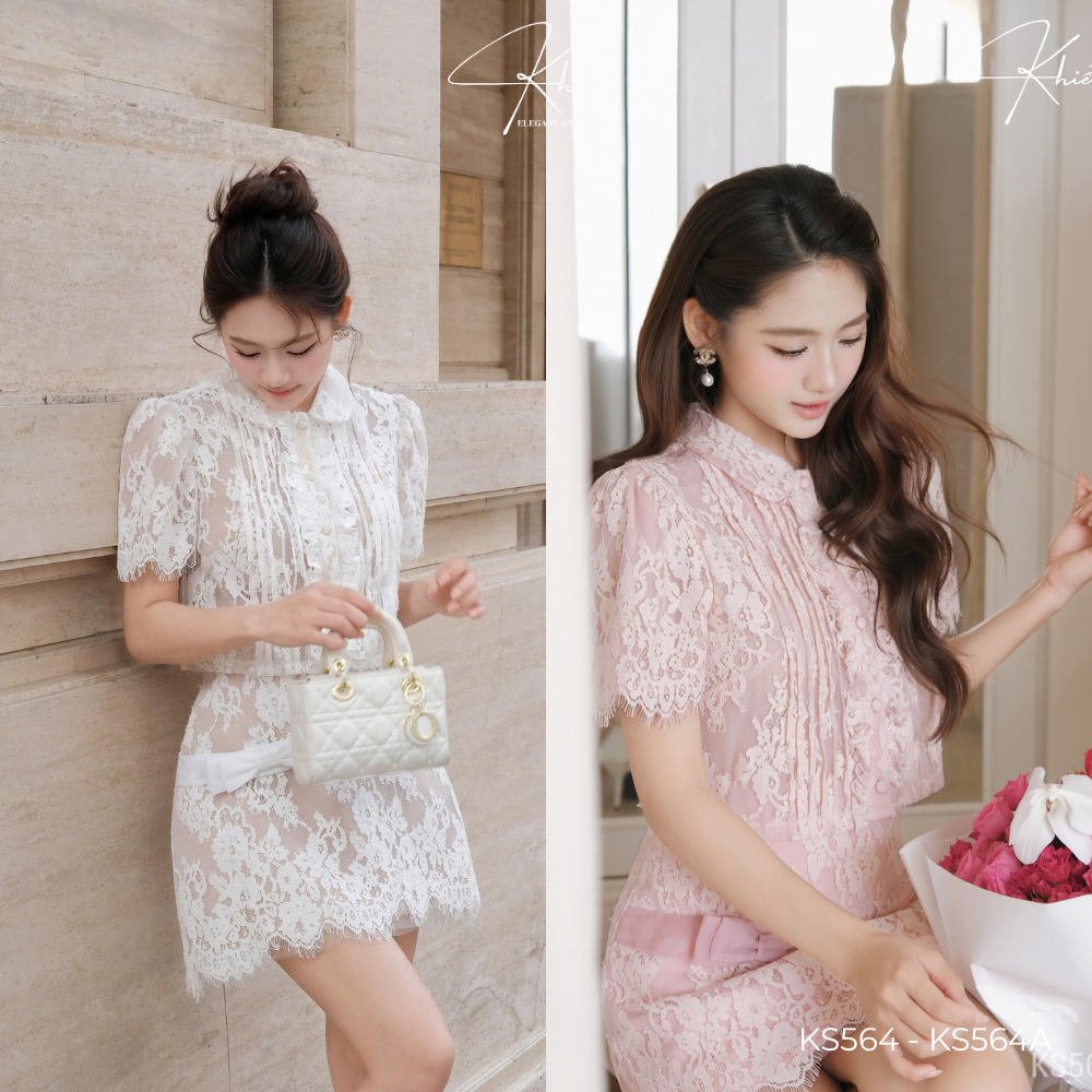 Set váy ren hoa mi trắng phối nơ phong cách nữ tính ngọt ngào Khiết KS564 KS564A