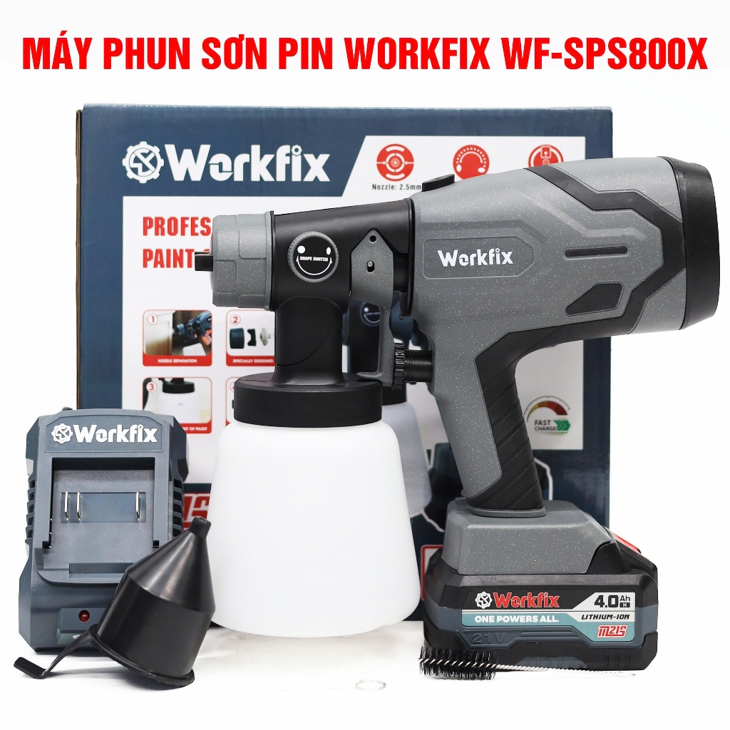 Máy phun sơn pin WORKFIX WF-SPS800X, 2 Kiểu phun, Bình 800ml - 650ml/phút