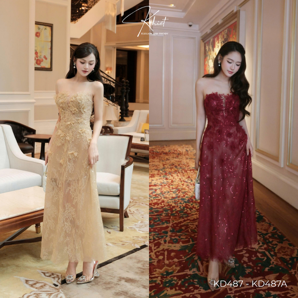 Đầm ren hoa Khiết kim sa dáng dài phong cách dự tiệc sang trọng KD487 KD487A