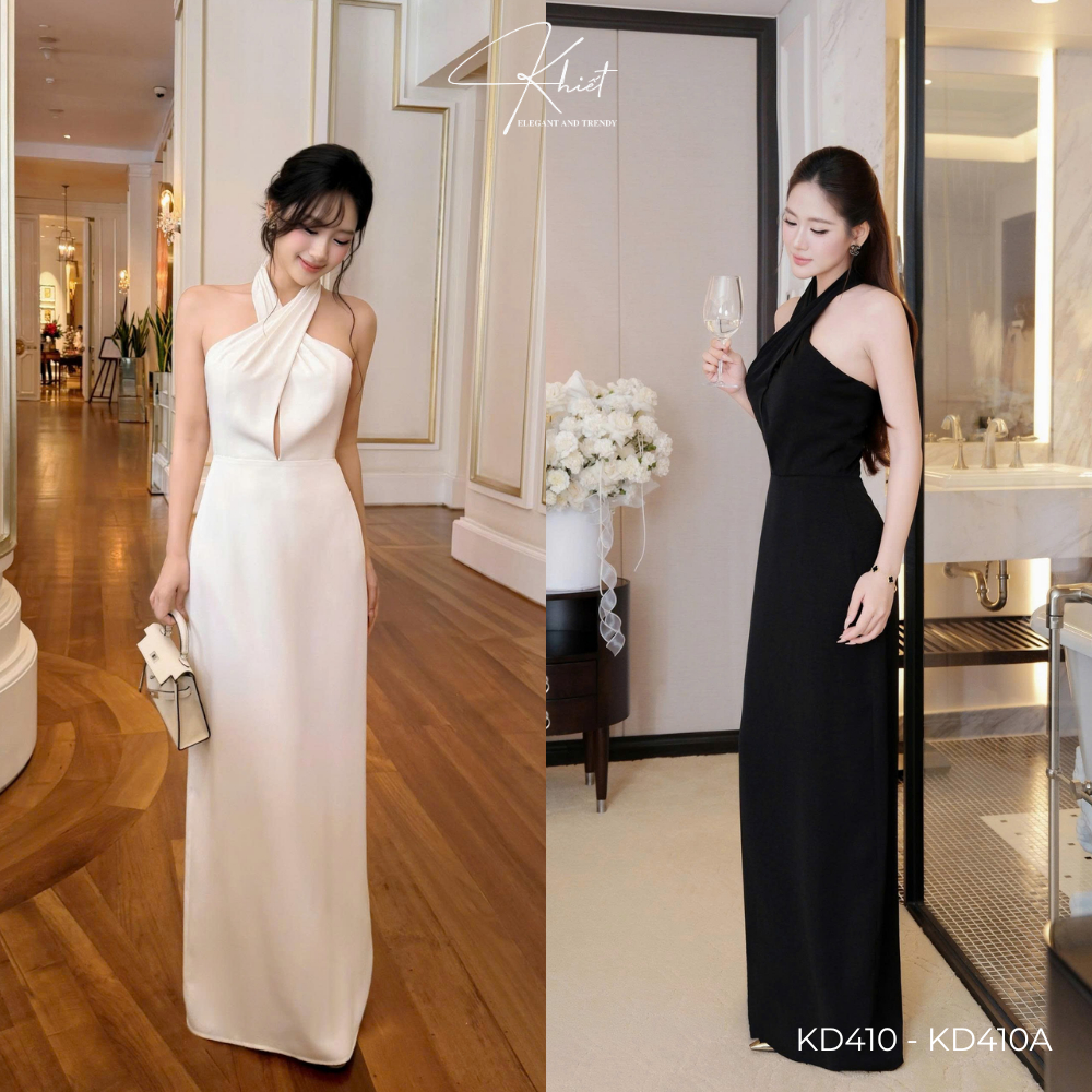 Đầm tiệc Khiết form dài tone đen sang trọng, thiết kế cổ yếm cut-out giọt nước quyến rũ KD410 KD410A