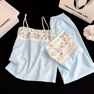 Bộ Đồ Ngủ Nữ Hai Dây Satin Phối Họa Tiết Trung Hoa, Quần Dài Ống Suông Mềm Mại Mặc Nhà Sang Trọng