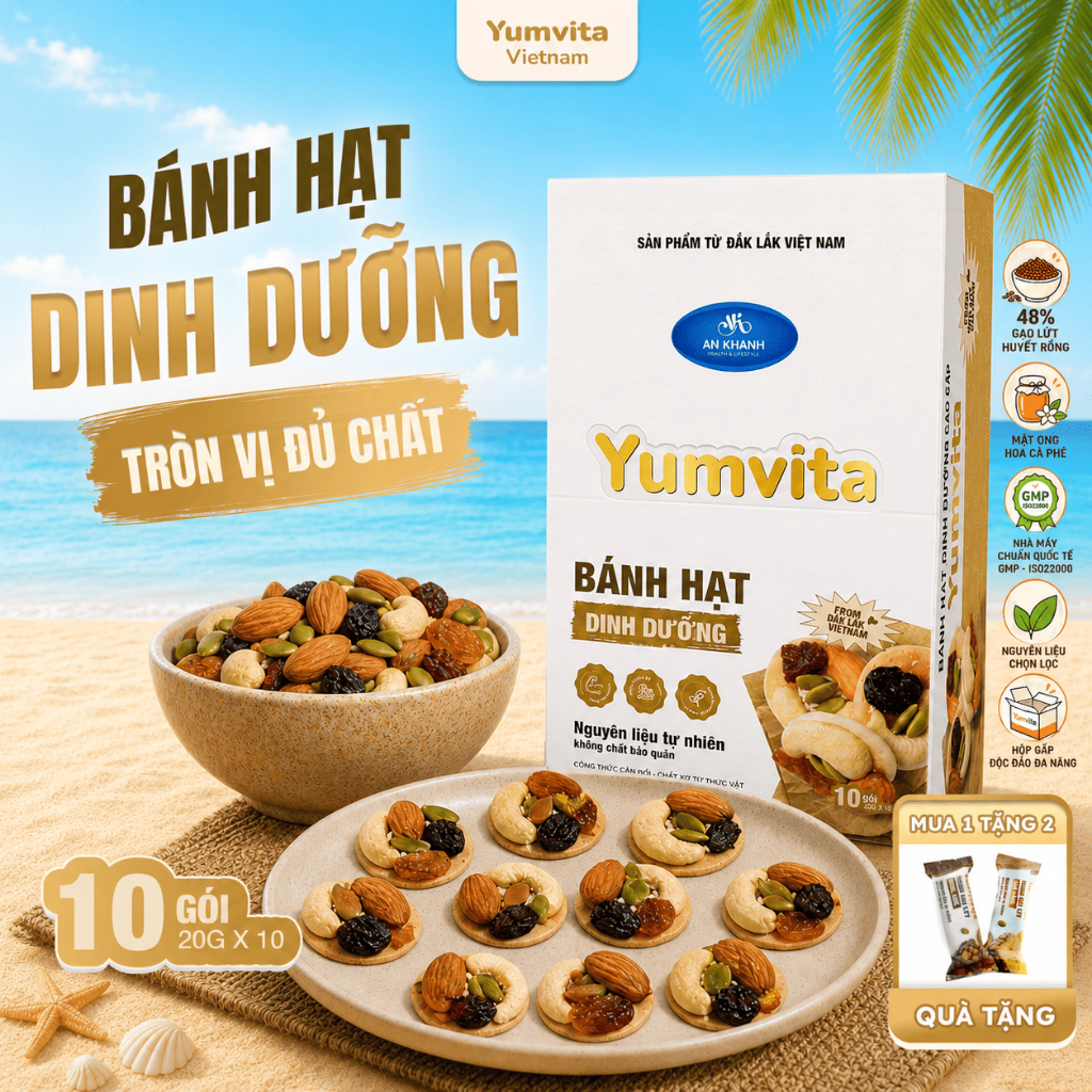 [MUA 2 GIẢM 40%] Bánh Hạt Dinh Dưỡng Yumvita - 200gr Kết hợp 5 loại hạt và trái cây đến từ Đắk Lắk
