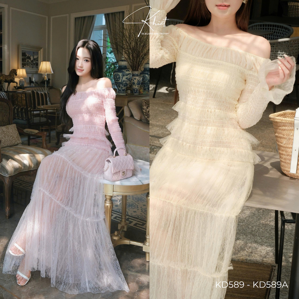 Đầm dài Khiết trễ vai lưới hoa nhí hồng pastel phong cách dịu dàng nữ tính KD589 KD589A