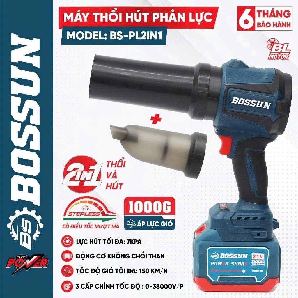 Máy thổi phản lực kèm hút bụi BS BOSSUN BS-PL2IN1, Chỉnh tốc 3 cấp 38.000v/p, Chân pin phổ thông