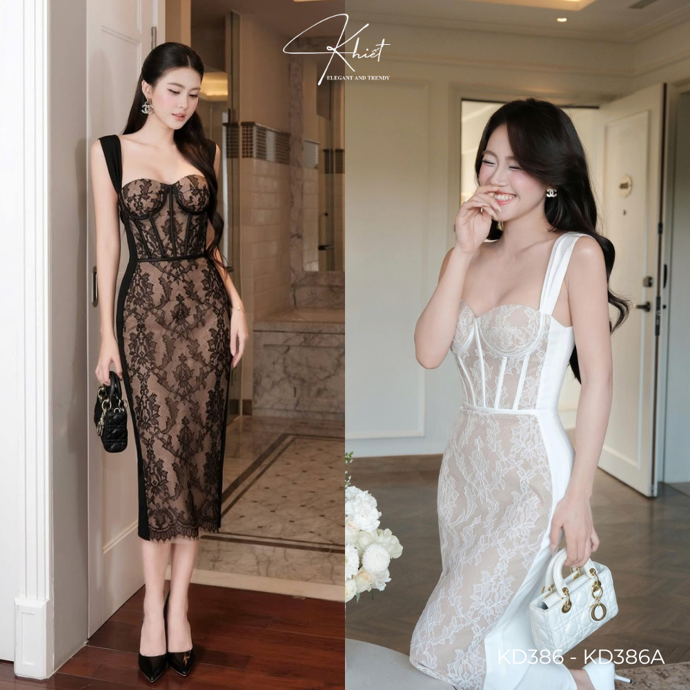 Đầm Khiết dáng dài form corset ôm body phối ren hoa đen phong cách sang chảnh KD386 KD386A
