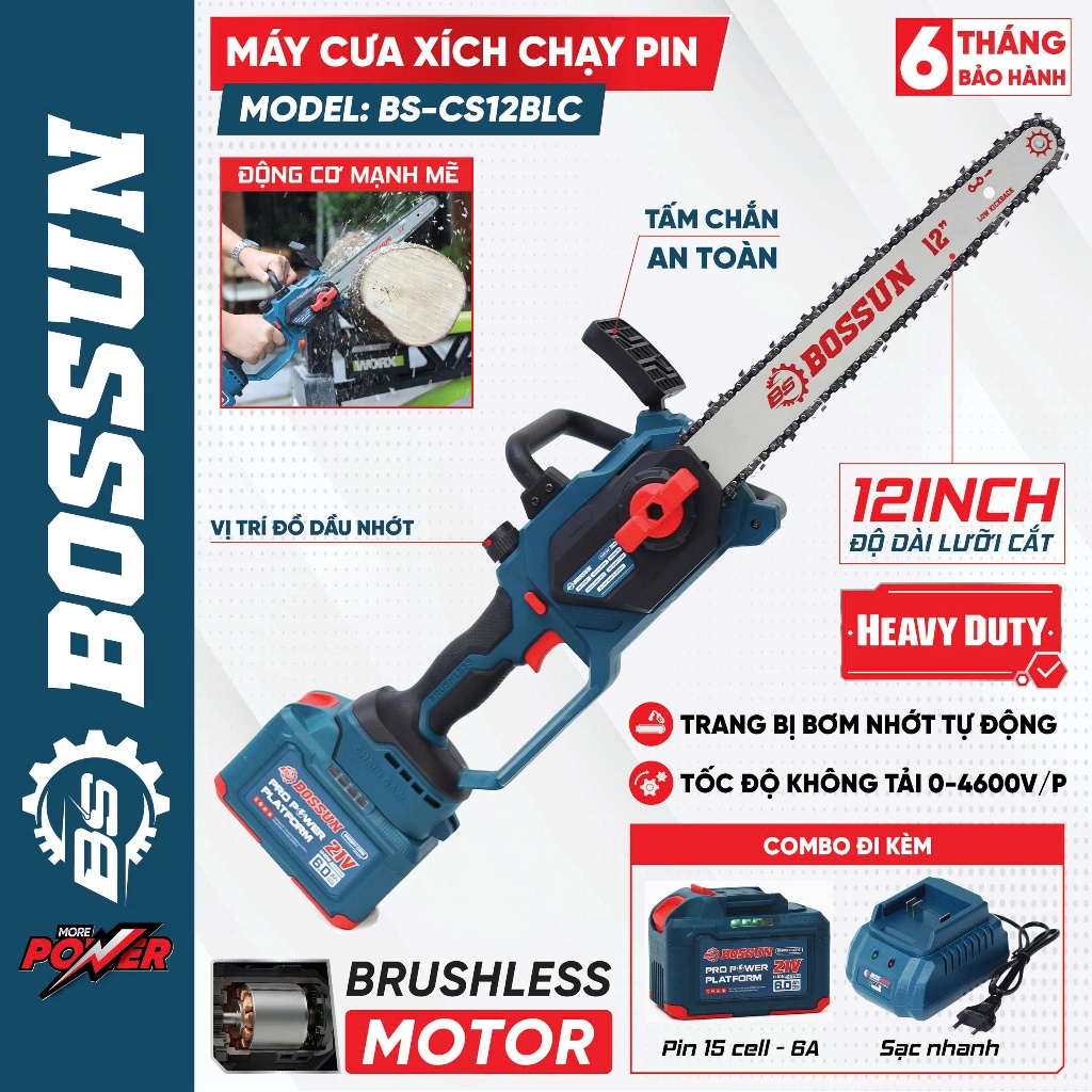 Máy Cưa Xích Pin 12inch BS BOSSUN BS-CS12BLC, Tra Nhớt Tự Động - Động Cơ Không Chổi Than