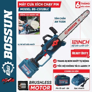 Máy Cưa Xích Pin 12inch BS BOSSUN BS-CS12BLC, Tra Nhớt Tự Động - Động Cơ Không Chổi Than
