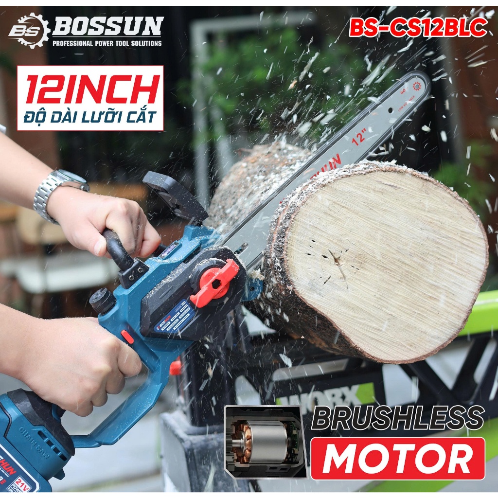 Máy Cưa Xích Pin 12inch BS BOSSUN BS-CS12BLC, Tra Nhớt Tự Động - Động Cơ Không Chổi Than