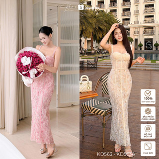 Đầm Khiết dáng dài ôm corset chất ren hoa kem ngọt ngào có đệm mút phong cách KD563 KD563A